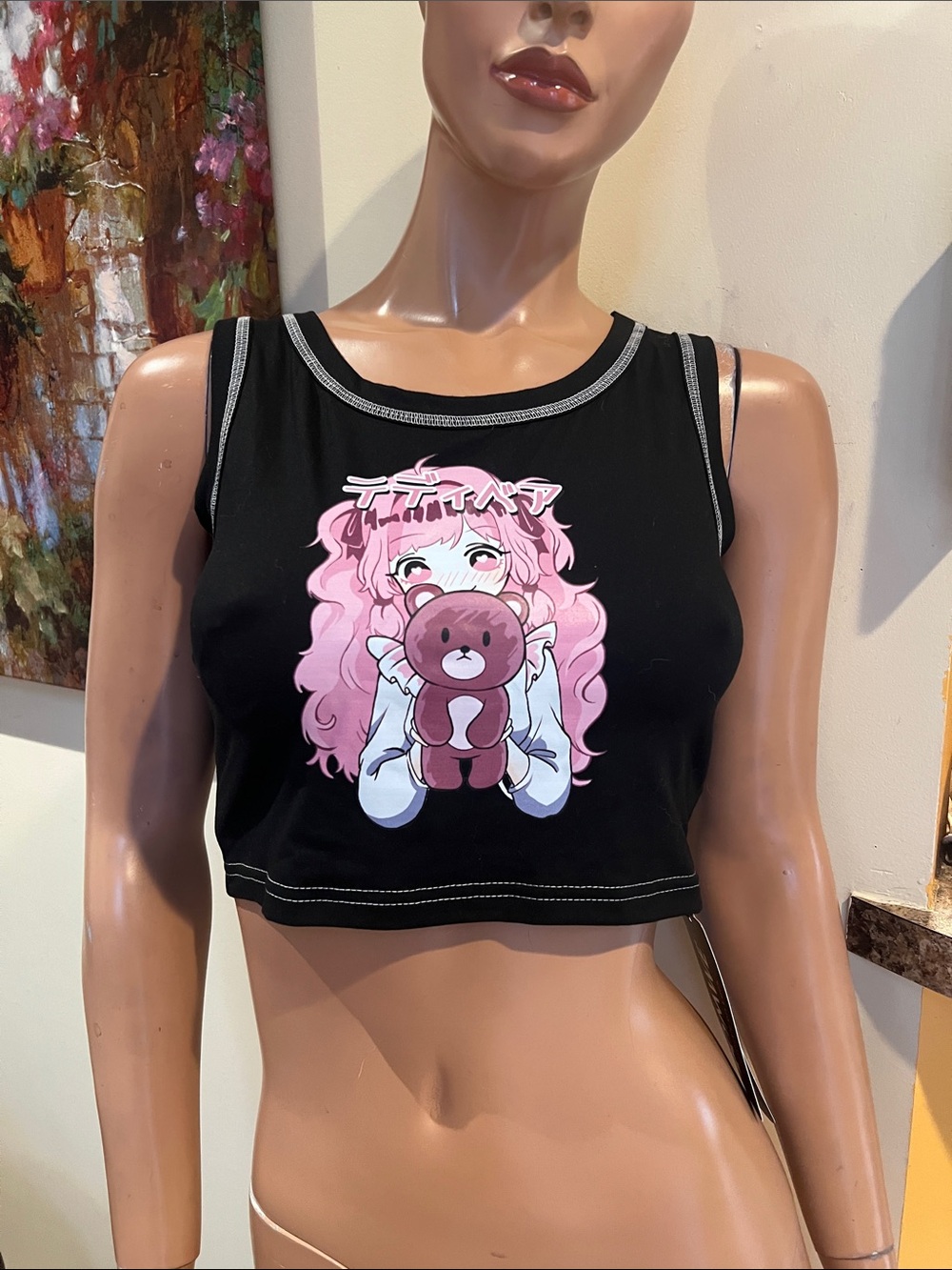 Goth  Black Crop Tank with S Pink Anime girl w teddy Bear nwt